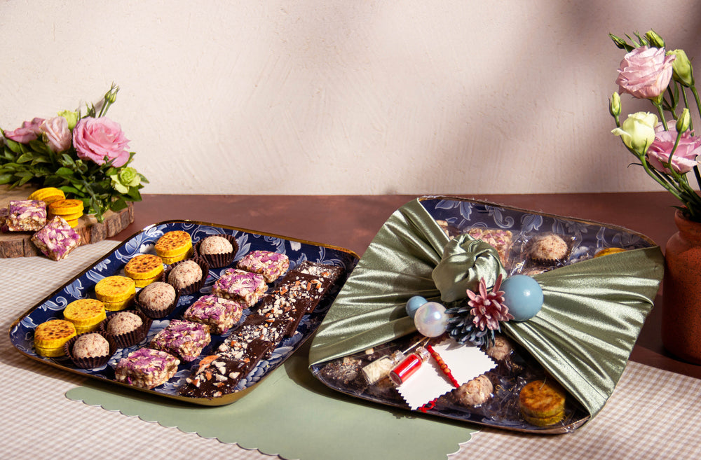Blue Mehran-Print Square Rakhi Tray – Assorted Sweets