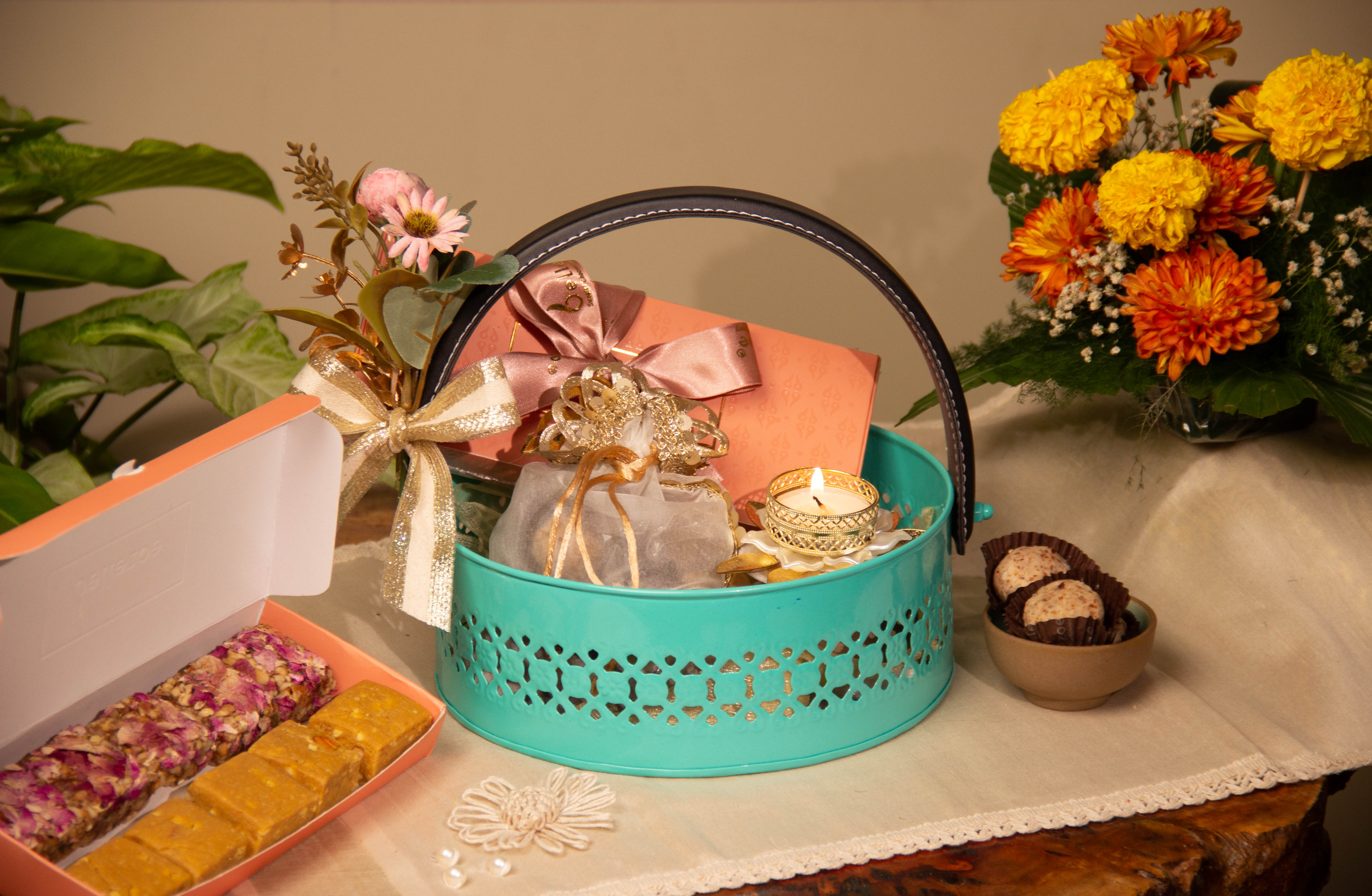 Printed Sea Green Metal Basket