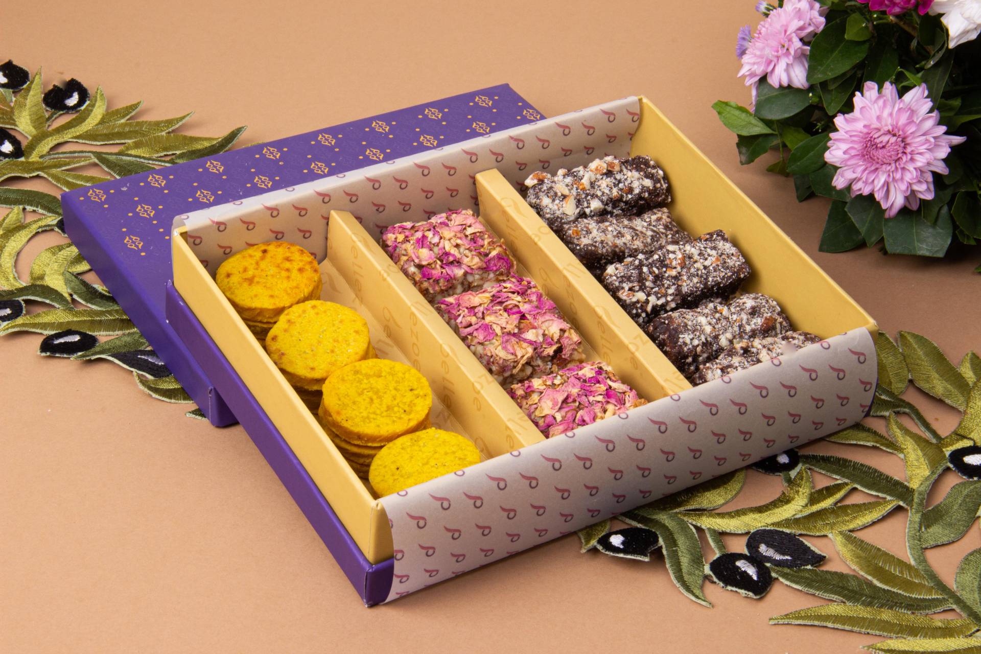 Diwali Sweets Gift Box contains: 200g each of Kaju Katli & Kachori with a  Set of 2 Lotus Wooden Candle Stand. – RawFruit®